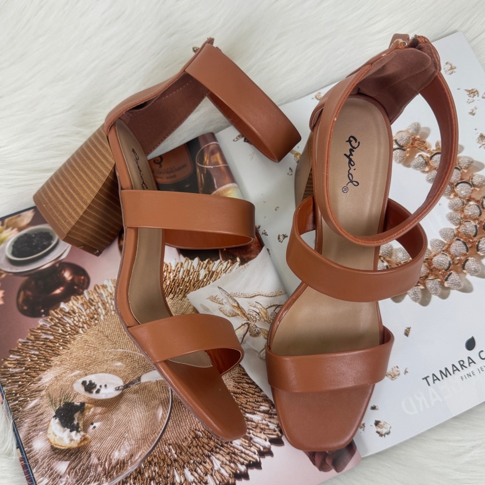 Women's Qupid Faux Leather Multi Strap Block Heel Sandals - Camel